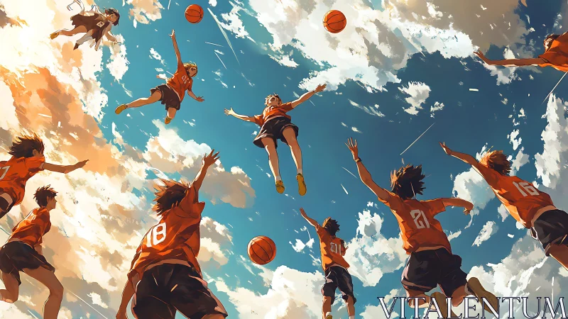 Multiple basketball players are rendered mid-jump in sky scene
