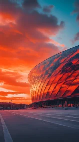 Stadium facade burns under saturated orange sunset sky.