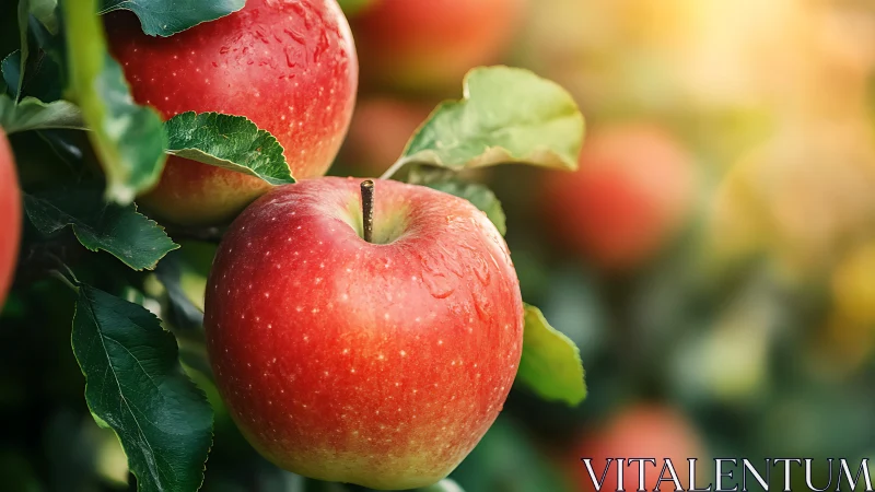 Red apples hang on tree branches with morning light