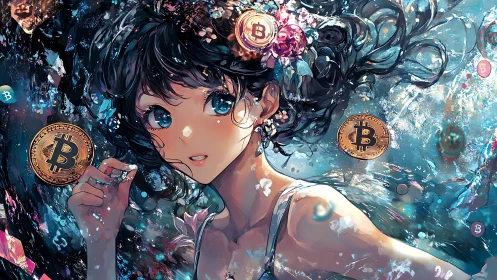 Crypto tide muse dances through swirling bitcoin constellations.