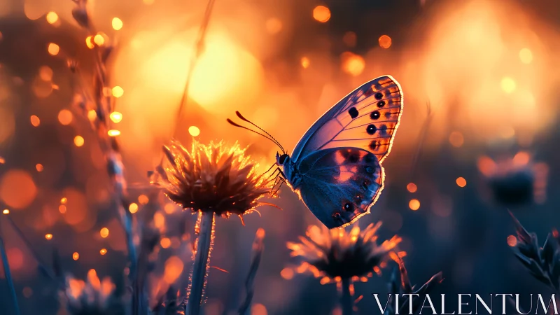 Butterfly rests on flower against intense backlit sunset bokeh