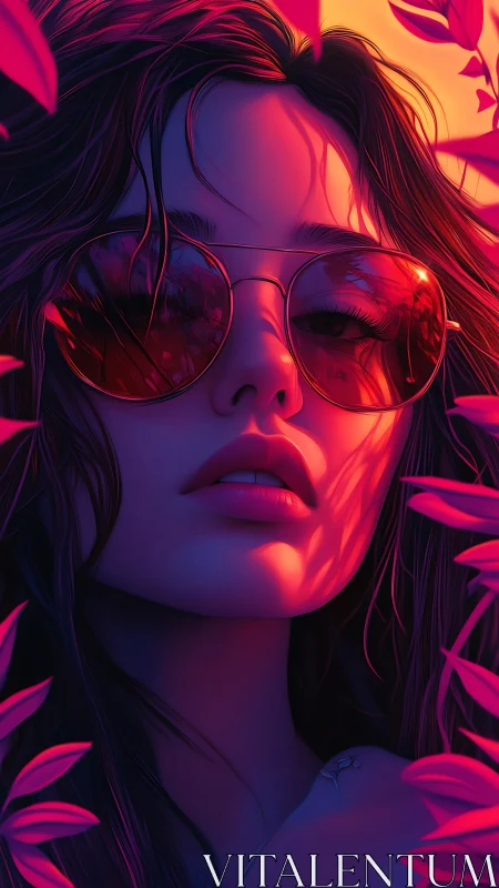 Neon rim-lit portrait with reflective red lenses and bicolor foliage