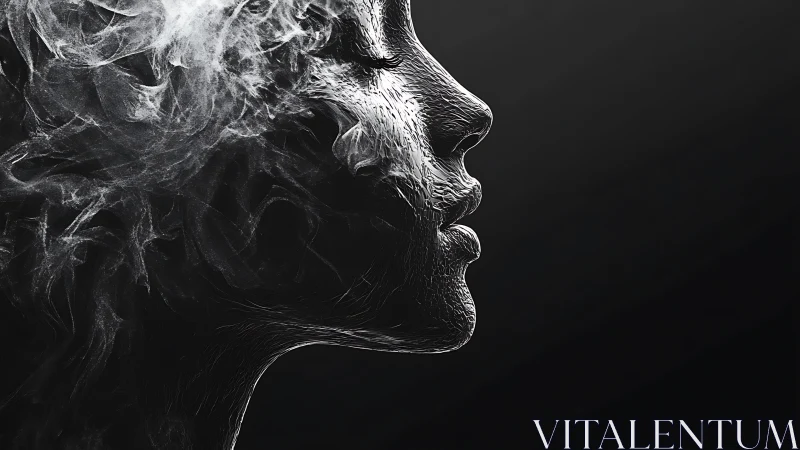 Ethereal smoke-formed profile dissolves into darkness.