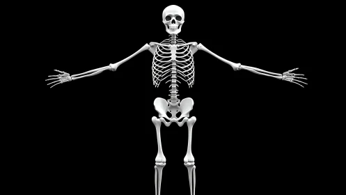 Friendly human skeleton model stretches arms against black