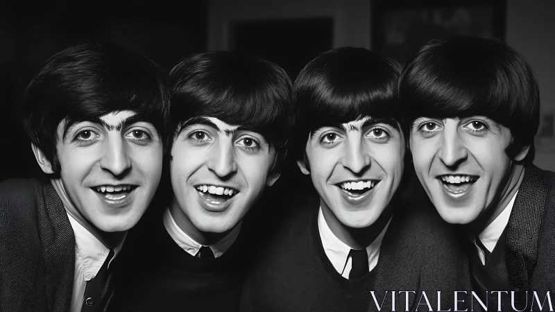 Four identical young men smile in retro black and white portrait