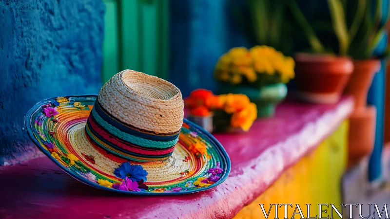 Straw hat with multicolored bands on painted outdoor ledge.