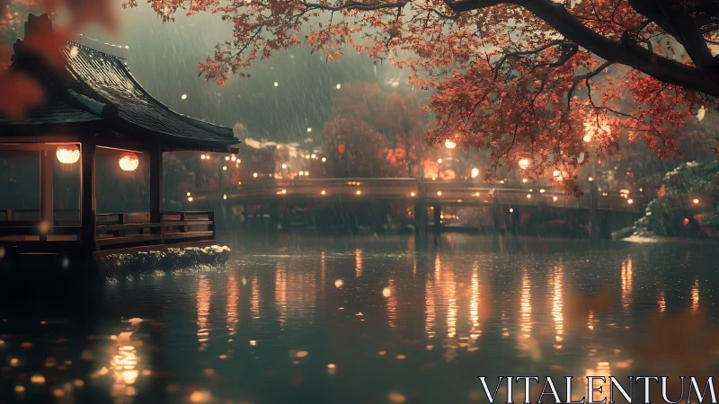 Lakeside Japanese pavilion and bridge in soft evening rain.