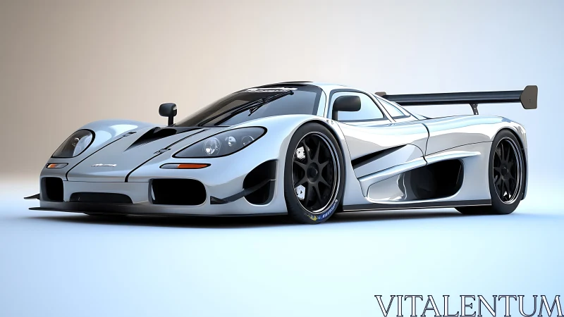 Silver race car render with low stance and wide aero kit.