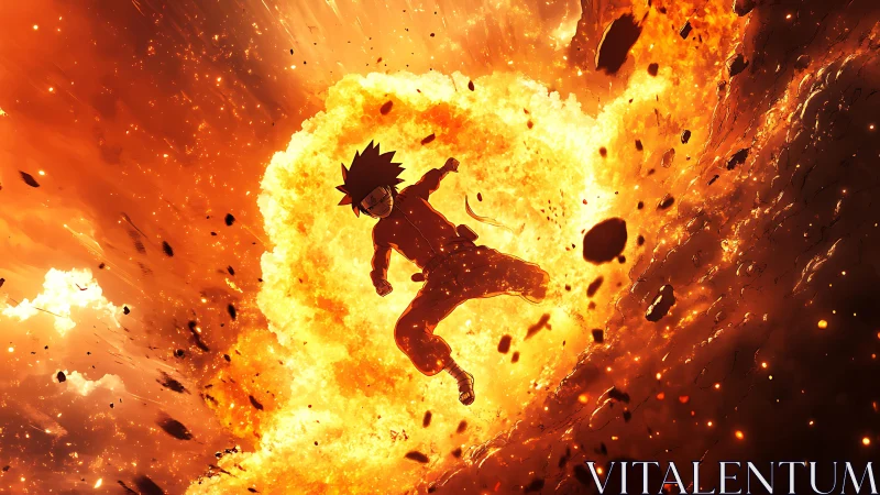 Flame-lit warrior hurtles through a collapsing molten sky