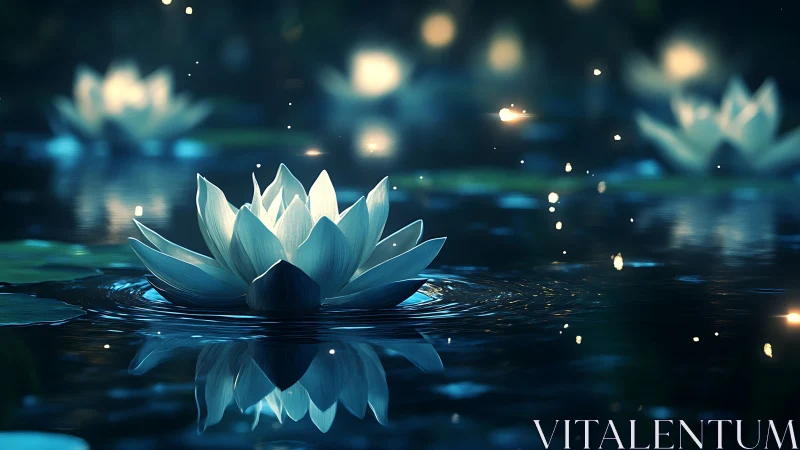 Luminous white lotus glows over rippling midnight water