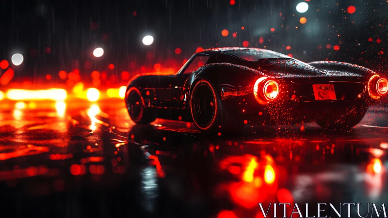 Midnight crimson racer burns through neon-soaked rainstorm.