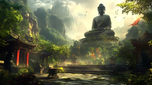 Majestic mountain Buddha statue above tranquil temple valley.