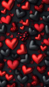 Three-Dimensional Heart Composition: Volumetric Red and Charcoal Textured Objects