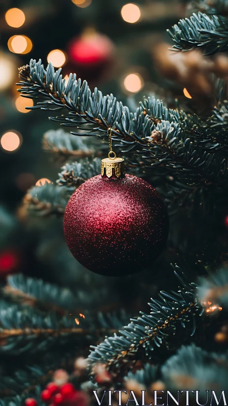Sparkling red ornament nestled on a dreamy holiday tree.