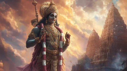 Divine warrior deity framed by radiant temple spires.