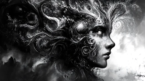 Surreal monochrome female profile with swirling cosmic forms