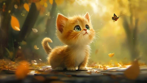 Orange kitten observing butterfly in autumn setting.