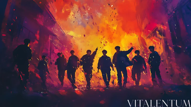 Silhouetted Team Advancing Through Explosive Inferno Landscape