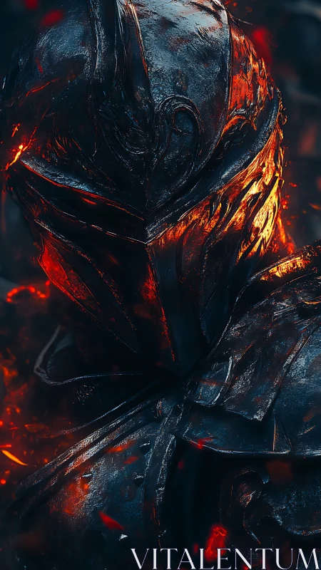 Molten embers illuminate a battle-scarred dark knight helm