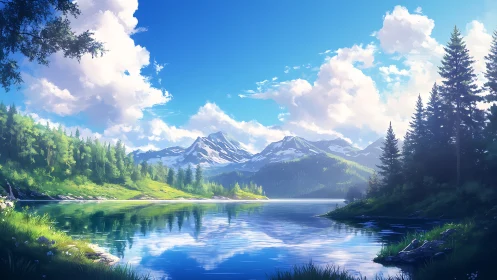 Mountain lake with conifer forest under clear daylight sky.