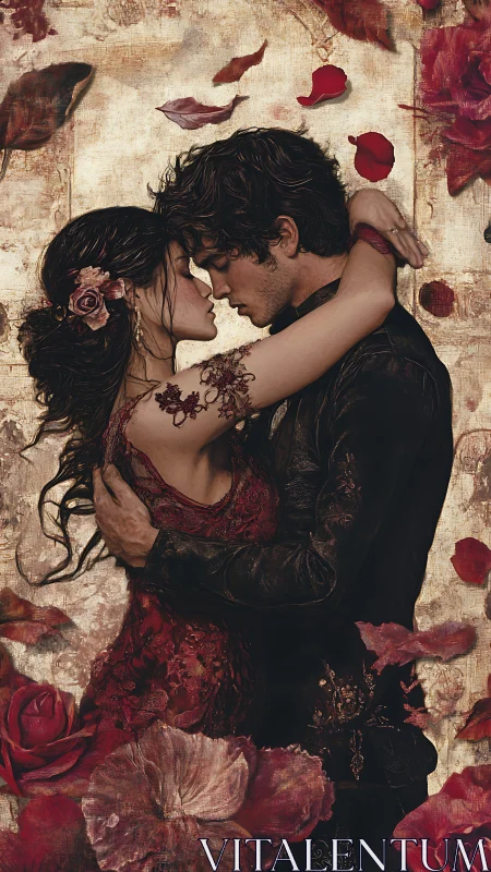 Intimate Portrait of Couple Kissing Amid Vintage Roses