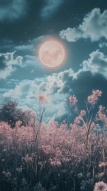Full moon over pastel wildflower field at night.