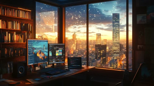 Code-lit skyline hums while dusk turns monitors into moons