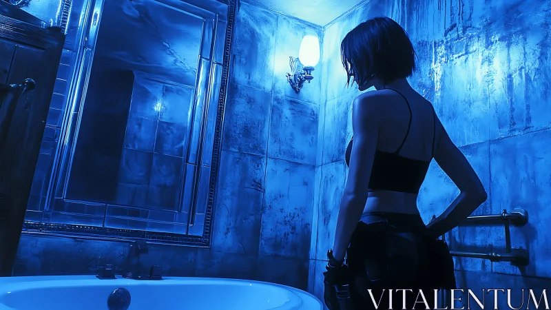 Moody blue-lit bathroom scene with solitary female silhouette.