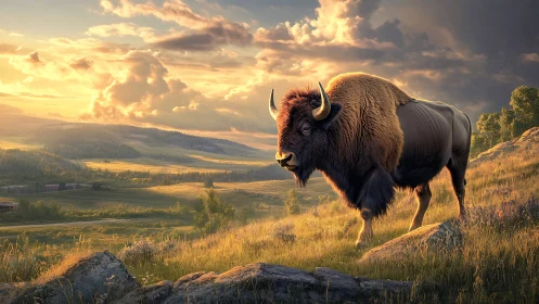 Golden hour bison wanders gently across open prairie hills