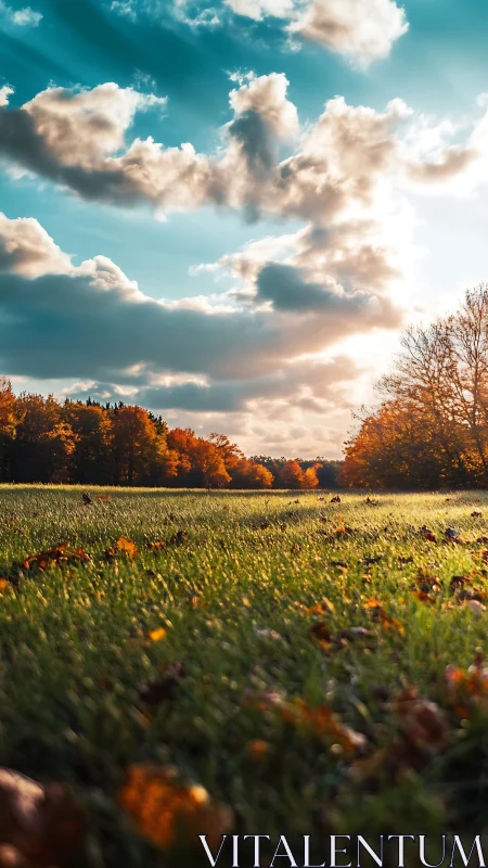 Low-angle view of autumn field under clouded sky at sunset.