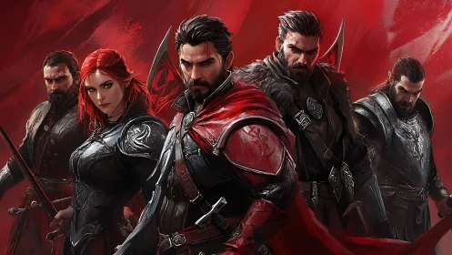 Warriors stand united in crimson-lit fantasy battlefield