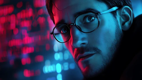 Hacker portrait glows under neon cyberpunk blue and red light
