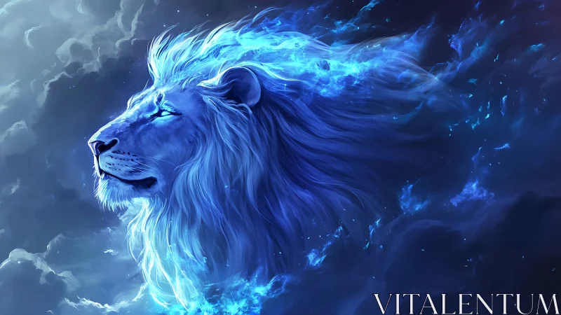 Celestial blue lion drifting through starlit cosmic winds.