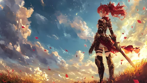 Sunset guardian with crimson blade in a storm of petals.