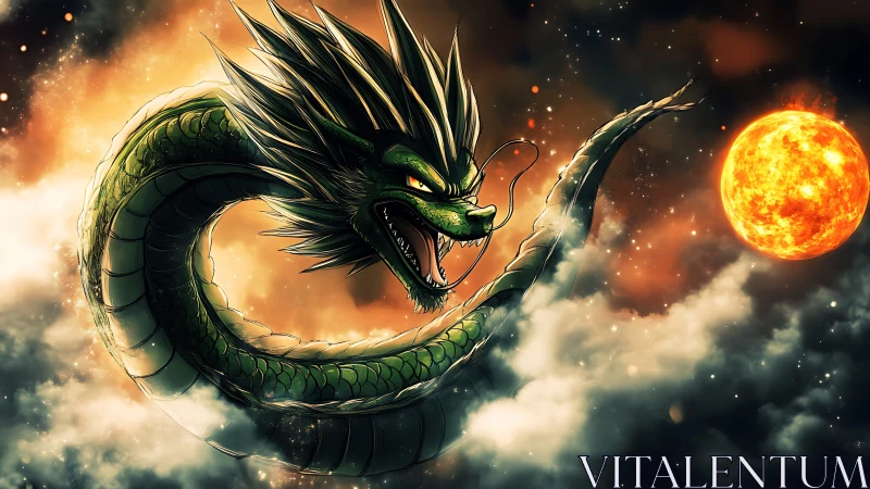 Serpentine emerald dragon coils through storm clouds near sun