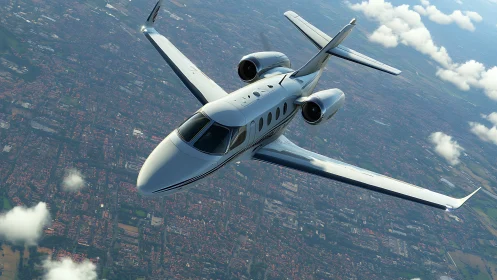 Sleek private jet soars above cityscape under soft clouds