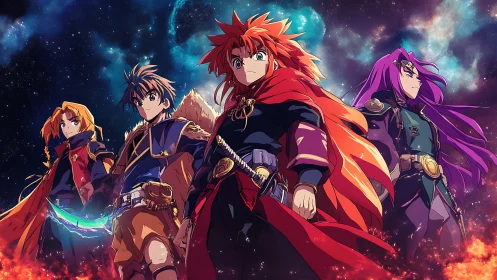 Four anime heroes stand united before vivid cosmic nebula
