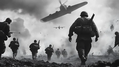 Storm-tossed soldiers race beneath roaring warplanes in ash