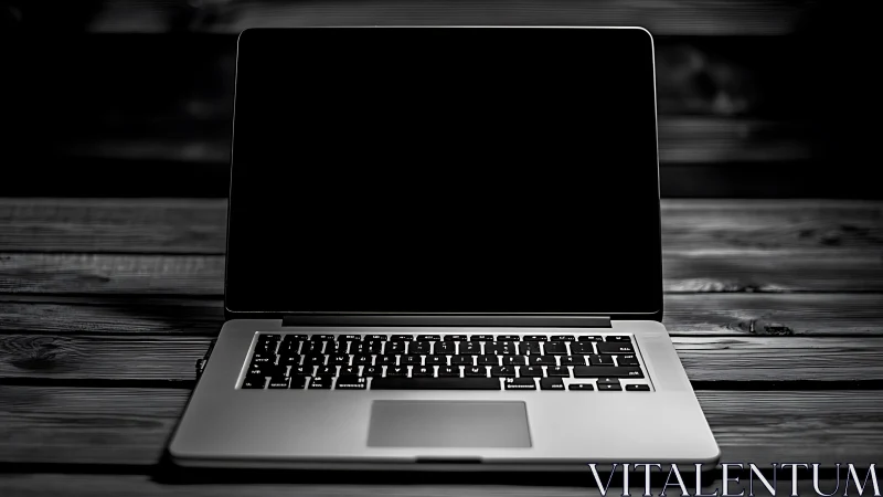 Photorealistic laptop on wooden desk in low key lighting.