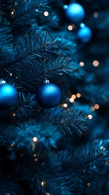 Deep blue ornaments glow softly on a nocturne Christmas tree
