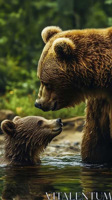 Brown bear mother and cub nuzzle in forest river shallows.
