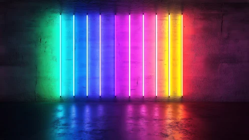 Vertical RGB neon light tubes on textured concrete gallery wall