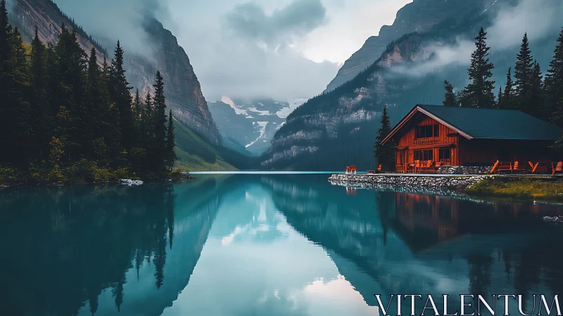 Tranquil red lakeside cabin rests beneath misty alpine peaks