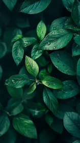 Gentle raindrops rest softly on deep green garden leaves