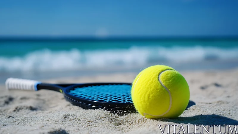 Tennis ball and racket on sunlit shoreline sand.