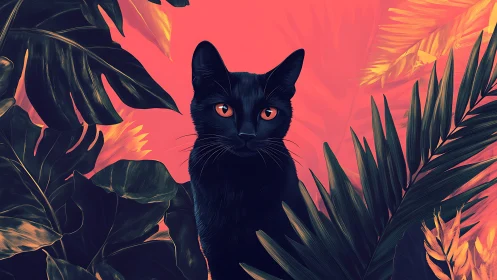 Black Cat with Glowing Eyes in Neon Jungle.