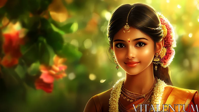 Traditional Indian Woman in Festive Attire, Digital Art Portrait.