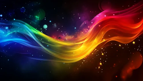 Curved rainbow light trails arc across a dark starry background