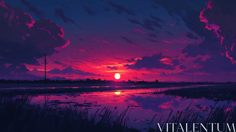 Twilight sun stitches neon clouds to a glassy rice field