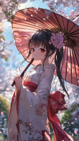 Spring kimono portrait under parasol amid cherry blossoms